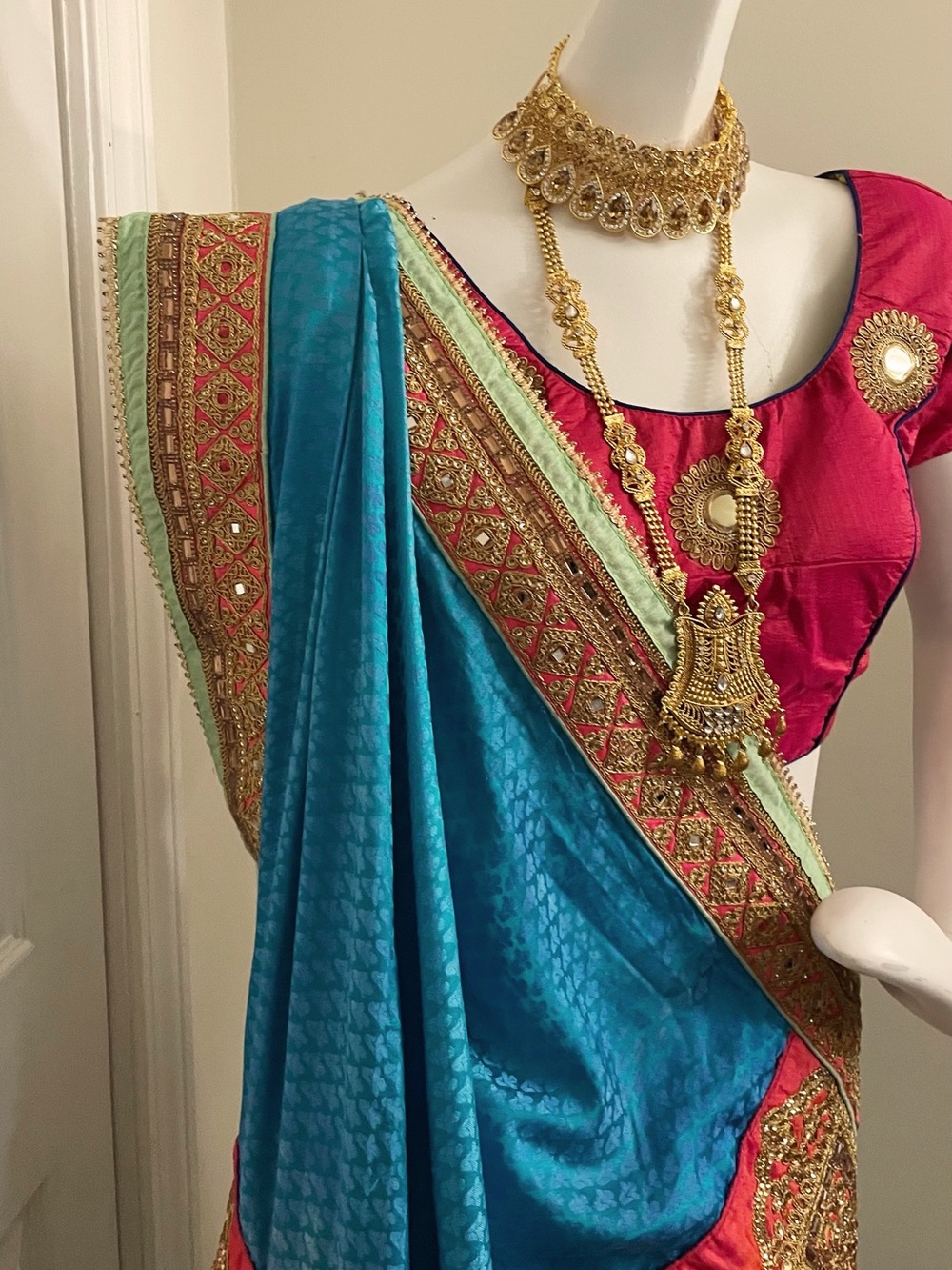 Traditional Teal and Pink Embellished Saree - Unbranded